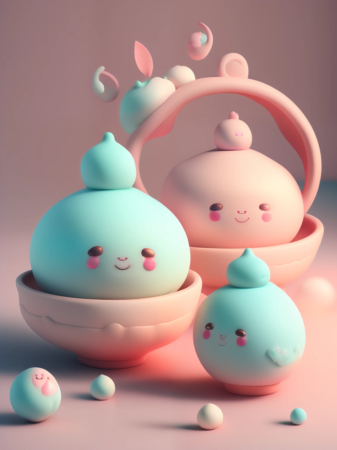 Chibi style,Dozens of tangyuan with rabbit ears,Very cute face,Very real,Chinese folk art style tangyuan,Chinese kitchen background,Steaming hot,It looks delicious.,Ultra high definition image quality,