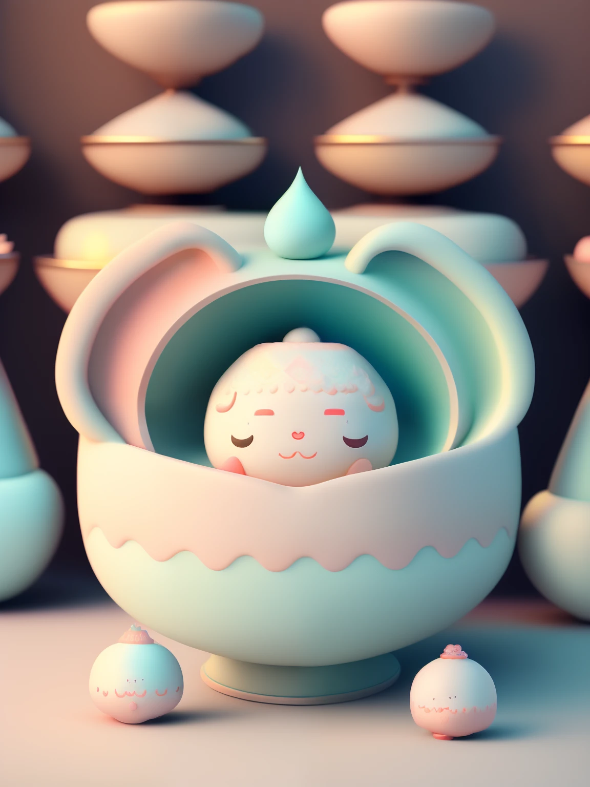Chibi style,Dozens of tangyuan with rabbit ears,Very cute face,Very real,Chinese folk art style tangyuan,Chinese kitchen background,Steaming hot,It looks delicious.,Ultra high definition image quality,