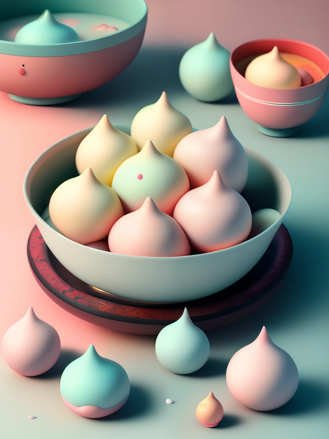 Chibi style,Dozens of tangyuan with rabbit ears,Very cute face,Very real,Chinese folk art style tangyuan,Chinese kitchen background,Steaming hot,It looks delicious.,Ultra high definition image quality,