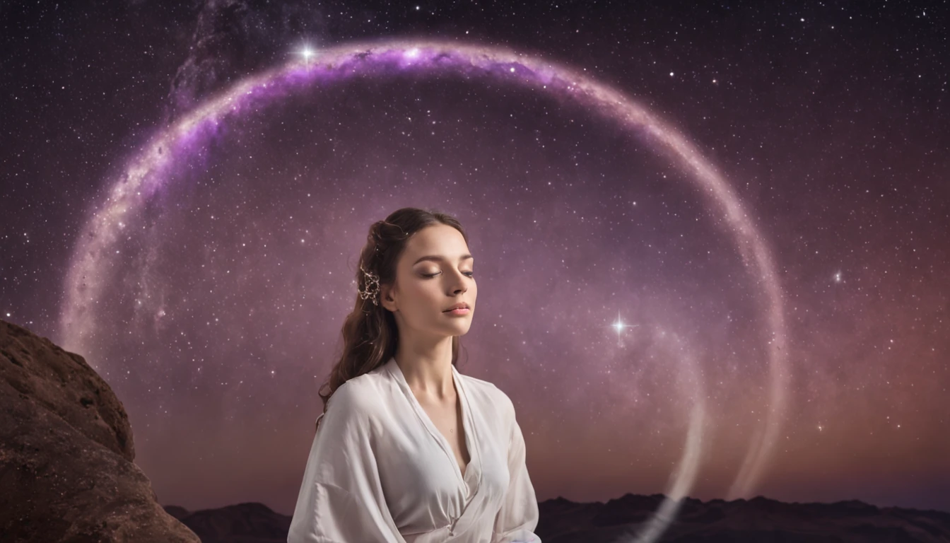 Create an image that depicts a human being in deep meditation, com um rosto sereno e tranquilo. The setting involves the presence of a bright and subtle aura that radiates from the extremities of the meditative body. No fundo, o universo se desdobra em tons de roxo e violeta, full of distant stars and galaxies. Soft, ethereal clouds float below, symbolizing the connection between the individual and the cosmos. From a distance, a majestic tree rises, its roots plunging into the earth and its branches extending towards the starry sky. The set of colors is dominated by yellowish tones, que irradiam calor e serenidade. The image conveys a sense of inner peace and harmony with the universe.