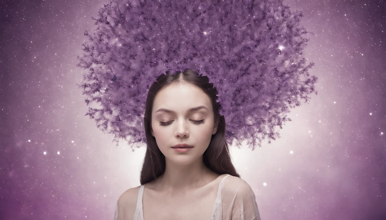 Create an image that depicts a human being in deep meditation, com um rosto sereno e tranquilo. The setting involves the presence of a bright and subtle aura that radiates from the extremities of the meditative body. No fundo, o universo se desdobra em tons de roxo e violeta, full of distant stars and galaxies. Soft, ethereal clouds float below, symbolizing the connection between the individual and the cosmos. From a distance, a majestic tree rises, its roots plunging into the earth and its branches extending towards the starry sky. The set of colors is dominated by yellowish tones, que irradiam calor e serenidade. The image conveys a sense of inner peace and harmony with the universe.