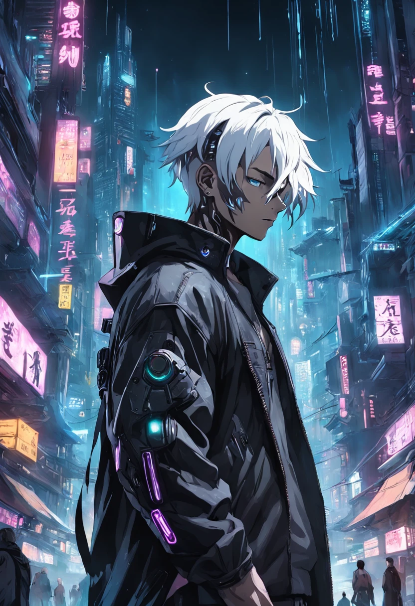cyberpunk man, City Cyberpunk, spaceship，Blackn clothes，white color hair，themoon，rays of moonlight