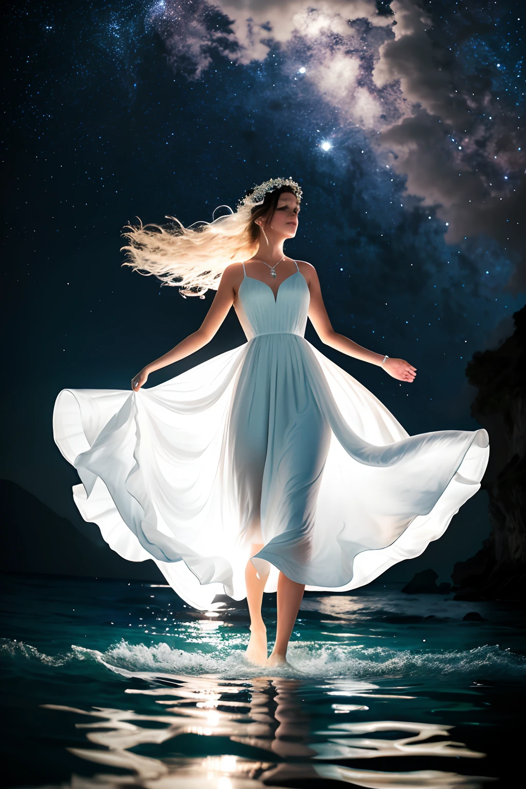 Beautiful woman in white dress standing in sea water with flowing dress, realista, barefoot, Rosto iluminado, Como uma deusa, olhos iluminados, pale skinned, deusa, pegue a chave, de colar de diamante, Pearls in water, a noite, starly sky, sky with galaxy, lua cheia no fundo, Como uma deusa, walking on water, mulher iluminada, blue water, wearing a white flowing dress, white flowing dress, she is floating in the air, flowing white robes, tiptoeing, Flowing dress, lindo vestido branco longo longo, Wearing a flowing dress, flutuando no ar, vestido branco longo, Pose flutuante elegante, cabelo flutuando ao vento, Girl in white dress dancing, mistic, Magic, realista, chocante, Escuro, Dramatic, Espiritual, mystery, deusa