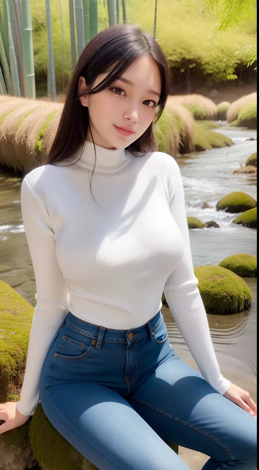 a pregirl,ssmile,looking at viewert,Tight sweater,skintight jeans,photore, realisticlying, Best quality at best, 详细的脸,Detailed eyes,Sitting sideways on a large mossy stone in a bamboo forest,It is surrounded by a river, diffuselighting, depth of fields
