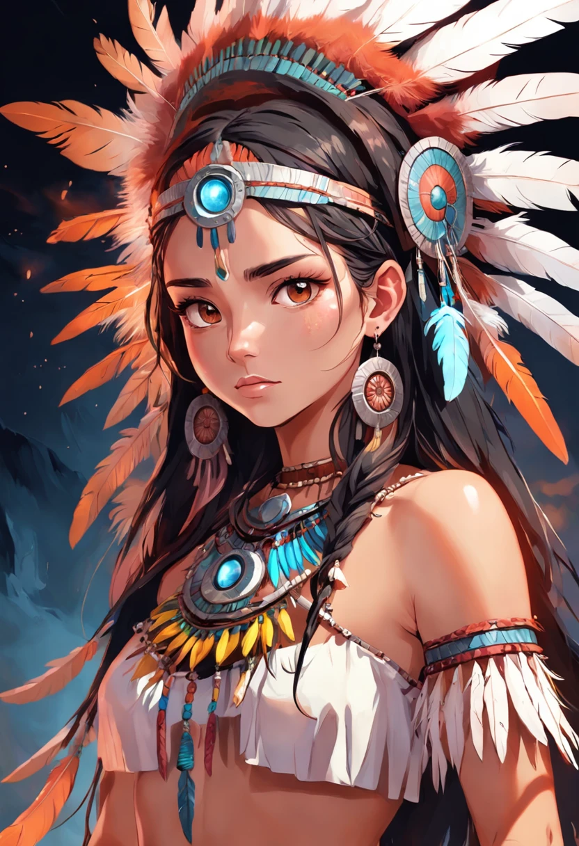 Woman in a feather headdress with feathers on her head,(((rosto pintado))), Retrato da princesa asteca, usando coroa de penas brilhantes, ****** com penas, beautiful young female shaman,rosto pintado,Strobe, she is dressed in shaman clothes,sombra, cocar emplumado,(Auroracore : 1,5),auto contrast, tatuagem do esterno, cocar ornamentado, a young female shaman, Angelina Jolie UHD, cocar, : native american shamen fantasy, cocar centralizado,rosto pintado,Strobe,Auroracore, Bobina de Tesla.