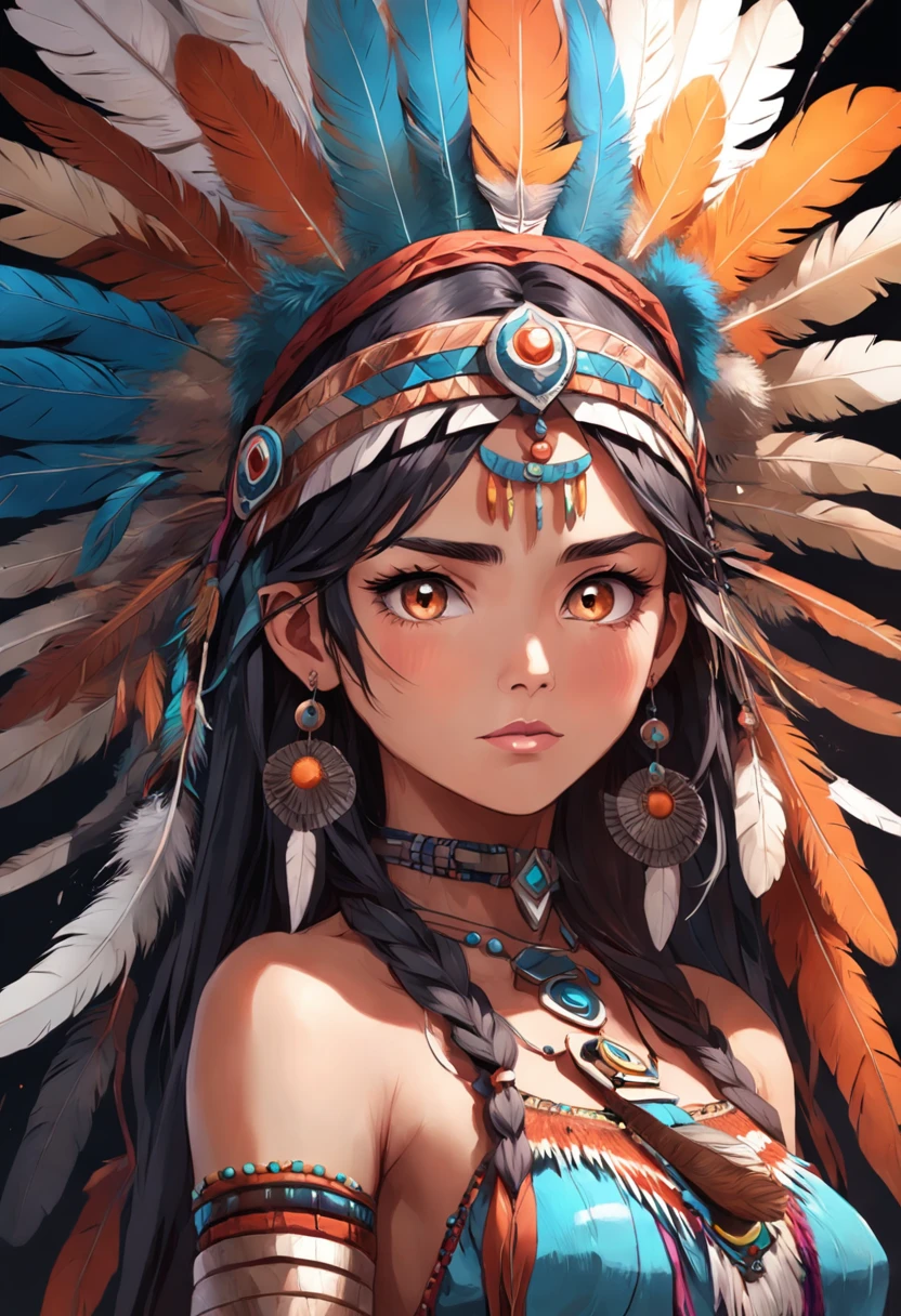 Woman in a feather headdress with feathers on her head,(((rosto pintado))), Retrato da princesa asteca, usando coroa de penas brilhantes, com penas, beautiful young female shaman,rosto pintado,Strobe, she is dressed in shaman clothes,sombra, cocar emplumado,(Auroracore : 1,5),auto contrast, tatuagem do esterno, cocar ornamentado, a young female shaman, Angelina Jolie UHD, cocar, : native american shamen fantasy, cocar centralizado,rosto pintado,Strobe,Auroracore, Bobina de Tesla.