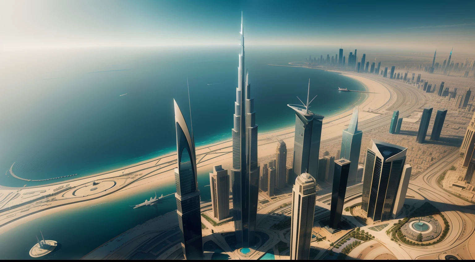 "Generate a futuristic aerial or panoramic image showcasing the grandeur and architectural details of Dubai's famous skyscrapers such as the Burj Khalifa, Burj Al Arab, and others. Emphasize realistic details and a futuristic tone."