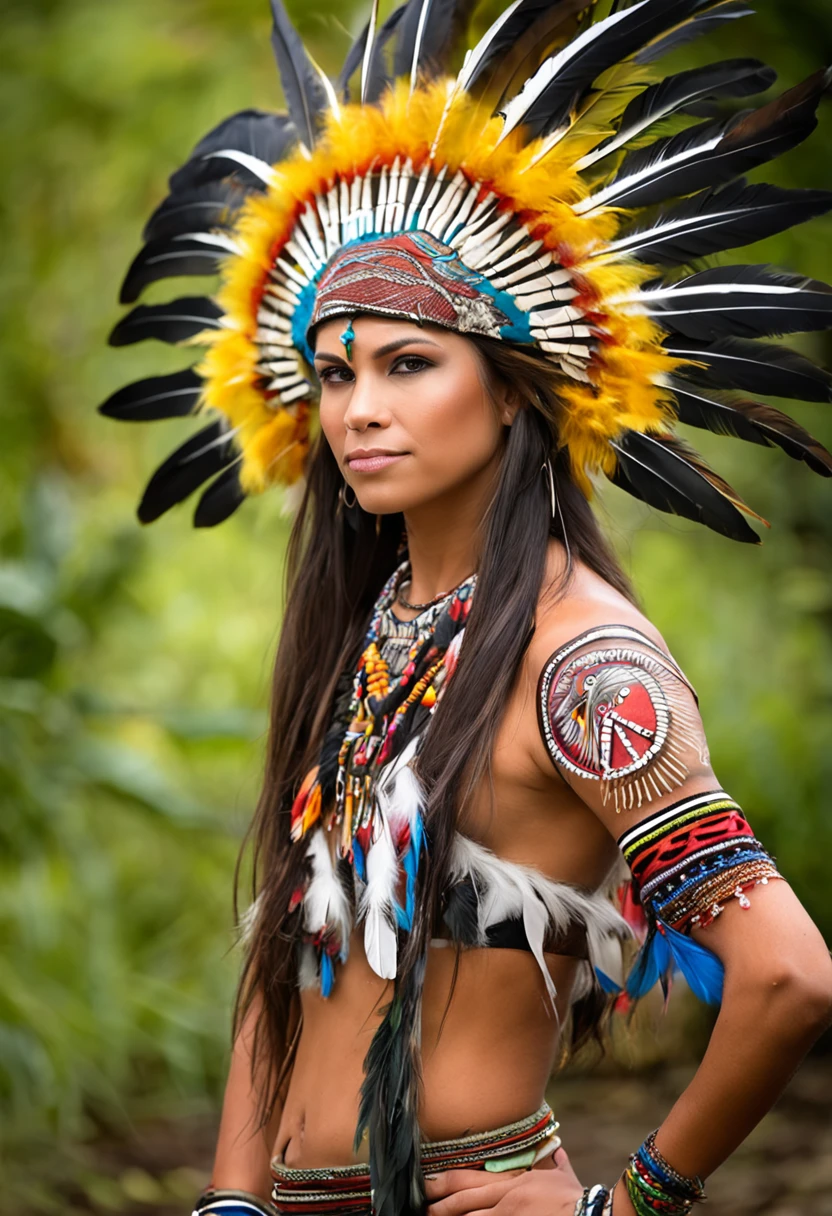 realistic photo of girl (native american) has long hair, dark skin, feathers, hair ornament, jewelry, necklace, tribal, headdress, armlet, facepaint, bracelet, imersive background, , realistic photo, full shot, nipples, otion blur, ray tracing, wide shot, low angle, raw photo, hdr, film grain, 8k, super detail, ccurate, best quality, riding a horse