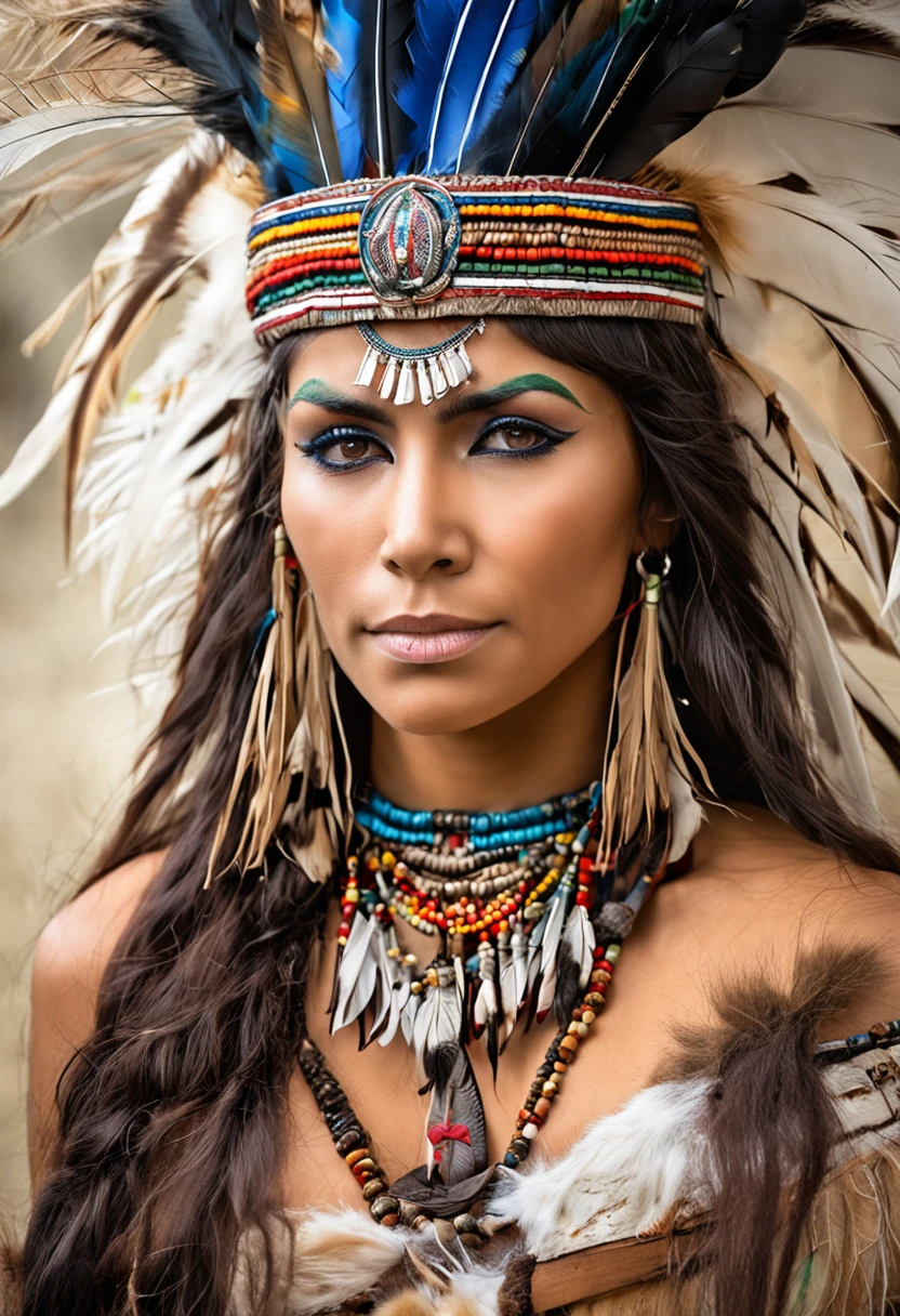 Beautiful Cherokee Indian woman with beautiful orange headdresses, red and beige.
