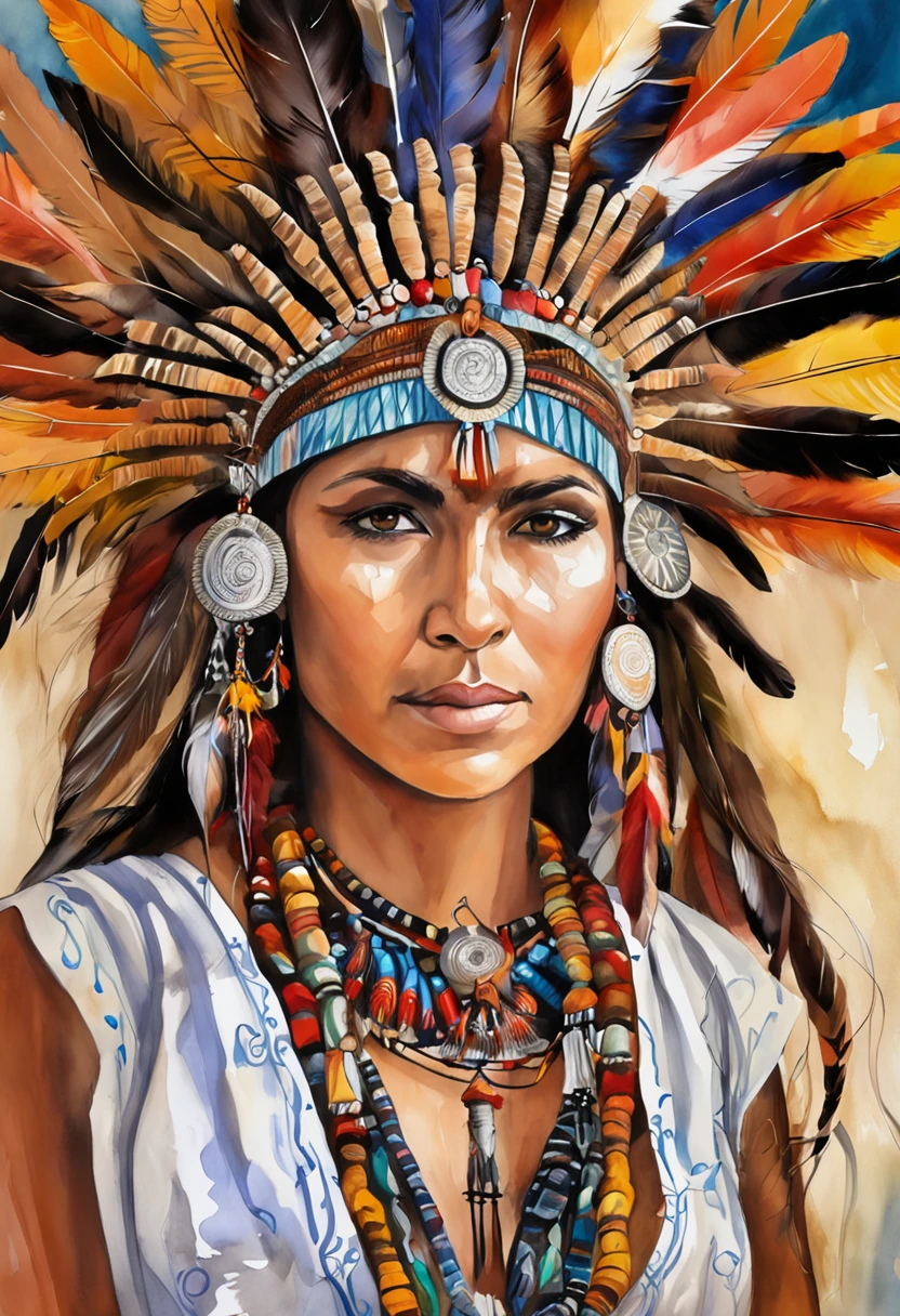 Woman in a feather headdress with feathers on her head,(((rosto pintado))), Retrato da princesa asteca, usando coroa de penas brilhantes, menina com penas, beautiful young female shaman,rosto pintado,Strobe, she is dressed in shaman clothes,sombra, cocar emplumado,(Auroracore : 1,5),auto contrast, tatuagem do esterno, cocar ornamentado, a young female shaman, Angelina Jolie UHD, cocar, : native american shamen fantasy, cocar centralizado,rosto pintado,Strobe,Auroracore, Bobina de Tesla.