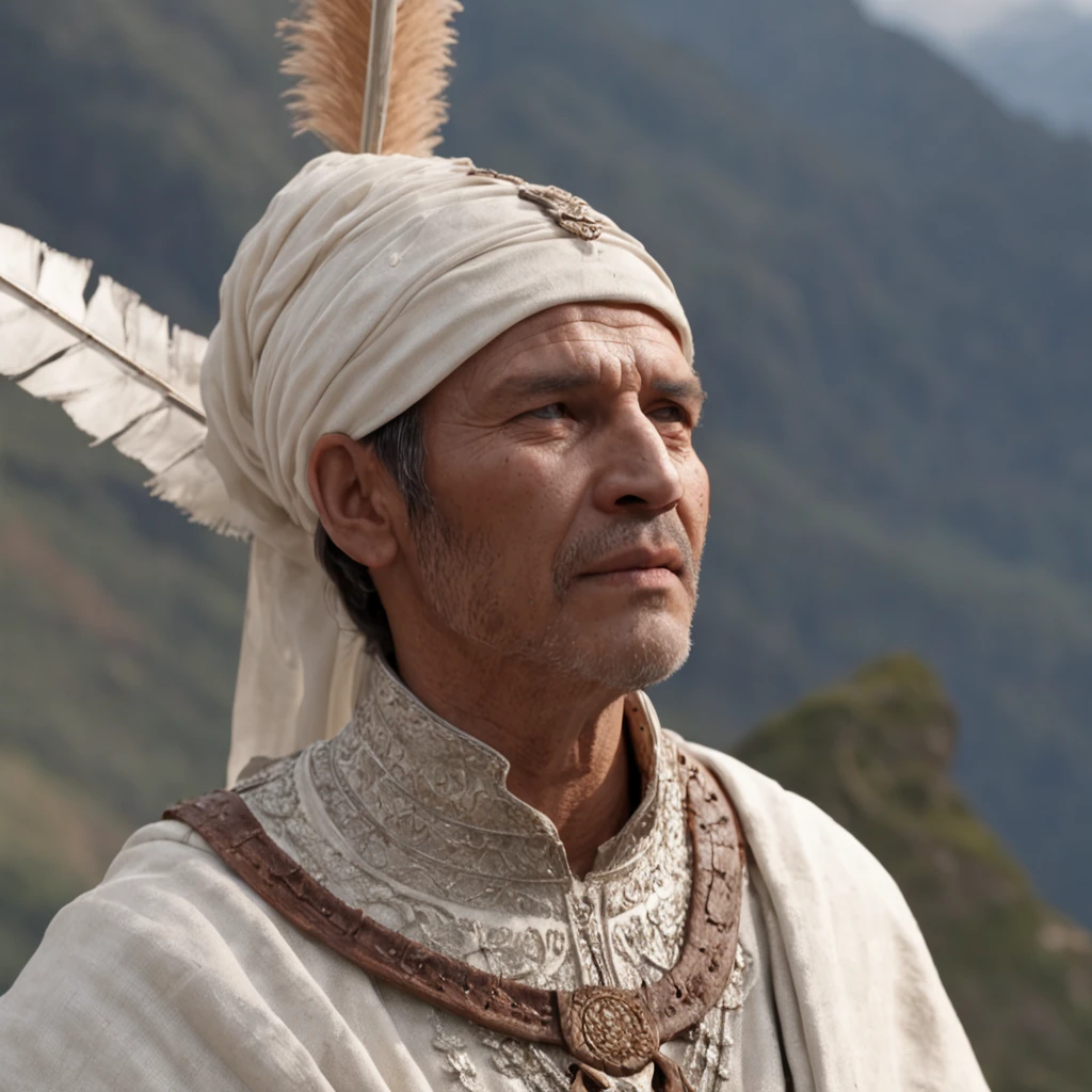 indigenous warrior of the Inca empire, in white clothing, walking with a staff over the Andes mountain range, he has a scepter in his hand, detailed, looking at camera, natural light, 8k, hyperrealistic, (Professional 3D rendering:1.3) de (Realistic:1.3) Foto de arte mais bonita do mundo，Features soft, bright male heroes, corpo inteiro 8k unidade render, action shot, poros da pele, very dark lighting, sombreamento pesado, circunstanciado, Rosto detalhado, (vibrante, fotogrdeia realista, Realistic, Dramatic, Escuro, foco nítido, 8k), (Old leather clothes damaged by bad weather:1.4), ((((Use peles)))), (intrincado:1.4), decadente, (altamente detalhado:1.4), pintura digital, rendering by octane, art stations, Conceito-Arte, liso, foco nítido, illustration, germe da arte, (Loish:0.23), Wlop Ilya Kuvshinov, e Greg Rutkowski e Alphonse Mucha Gracias, (global ilumination, studiolight, Light Volumetric), chuva forte, floating particles, patife, fantasia, Onze, corpo inteiroesbian, ((Fundo escuro e antigo da cidade:1.3)),CGSesociedade,art stations