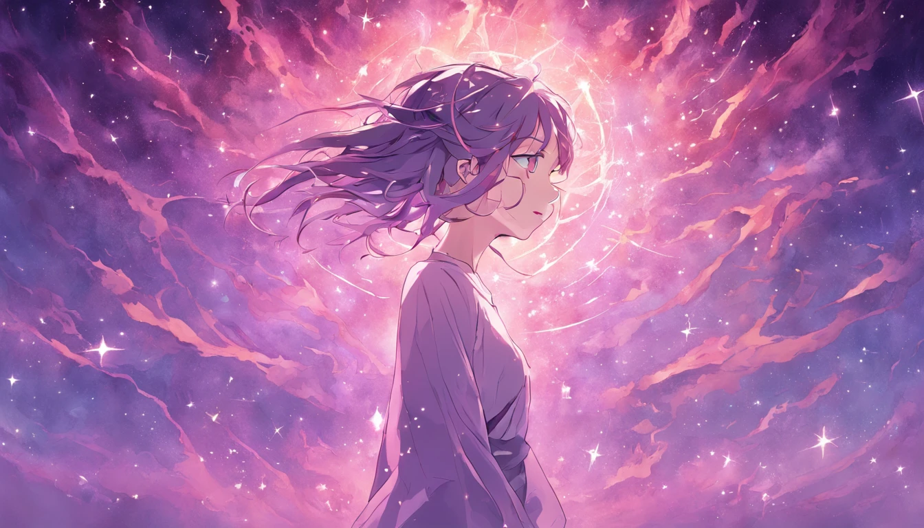 Create an image that depicts a human being in deep meditation, com um rosto sereno e tranquilo. The setting involves the presence of a bright and subtle aura that radiates from the extremities of the meditative body. No fundo, o universo se desdobra em tons de roxo e violeta, full of distant stars and galaxies. Soft, ethereal clouds float below, symbolizing the connection between the individual and the cosmos. From a distance, a majestic tree rises, its roots plunging into the earth and its branches extending towards the starry sky. The set of colors is dominated by yellowish tones, que irradiam calor e serenidade. The image conveys a sense of inner peace and harmony with the universe.