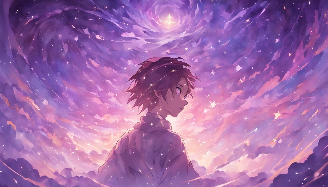 Create an image that depicts a human being in deep meditation, com um rosto sereno e tranquilo. The setting involves the presence of a bright and subtle aura that radiates from the extremities of the meditative body. No fundo, o universo se desdobra em tons de roxo e violeta, full of distant stars and galaxies. Soft, ethereal clouds float below, symbolizing the connection between the individual and the cosmos. From a distance, a majestic tree rises, its roots plunging into the earth and its branches extending towards the starry sky. The set of colors is dominated by yellowish tones, que irradiam calor e serenidade. The image conveys a sense of inner peace and harmony with the universe.