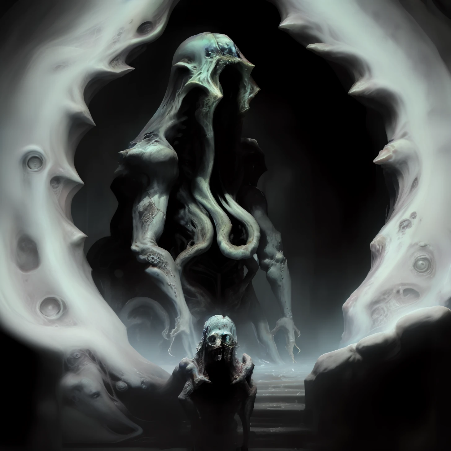 Monstro Lovecraft, criatura sombria que habita o abismo, chifres, tentacles, Eternal Darkness, cosmic entity, ser assustador, inferno