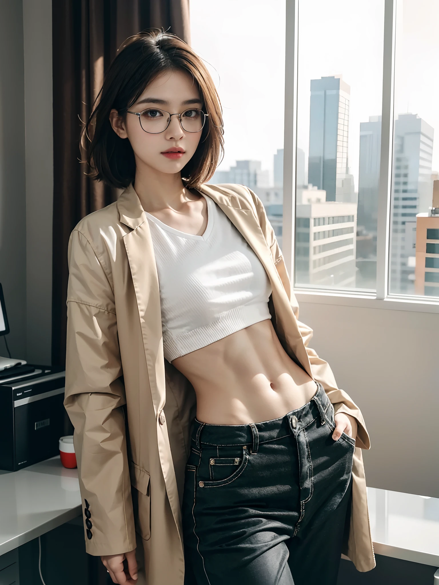 ((smallunderboob,Tomboyish,small heads)), (Well-defined abs: 1.1), (perfect bodies: 1.1), (short-length straighthair: 1.2), Black hair,Wearing glasses， fully body photo, Wear a white vest，doctor outfit，（Long white coat：1.2），Loose plaid trousers，（极其细致的CG 8k壁纸），（Extremely refined and beautiful），（tmasterpiece），（best qualtiy：1.0），（超A high resolution：1.0），beautiful light up，Perfect lightning，realistic shaded，[A high resolution]，Delicate skin，ultra - detailed ，in hospital，in a office