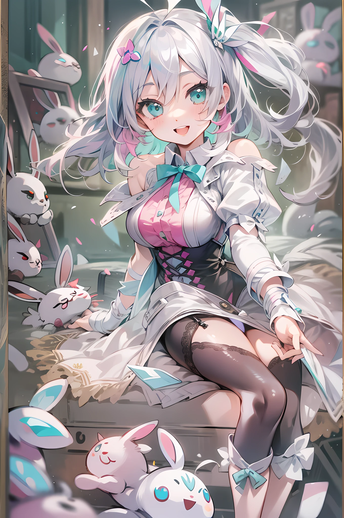 Beth, Stockings, Silver hair, ahoge, Medium hair, white hair ribbon, bunny hair ornament, aqua eyes, Pink eyes, Smile, expressions, Seductive smile, Anime style, hyper HD, Masterpiece, Textured skin, Super detail, Anatomically correct, High details, High quality, Best quality, A high resolution, 4K, The feet are in the frame