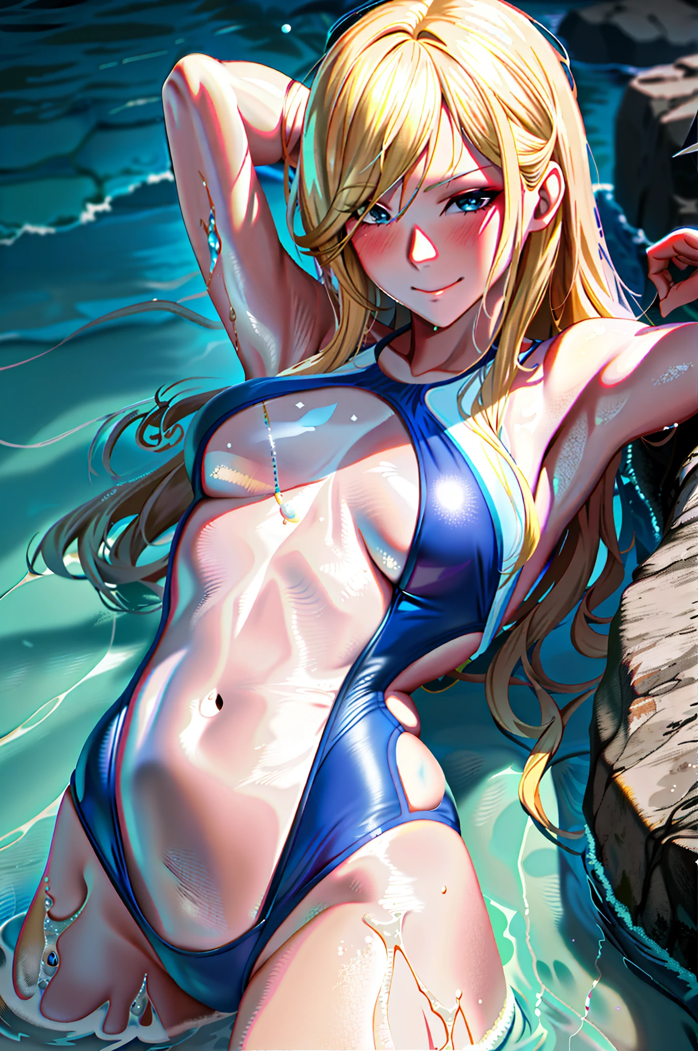 Blonde woman in blue bikini poses for swimming pool with rock ledge, Wet swimsuit, swim wears, in a bathing suit, swimsuit model, blue bikini, realistic bikini, bathing suit, the cute sexy ass, Shiny plastic bikini, IG model | Art germ, zero suit samus, monokini, blonde goddess, wlop glossy skin, seductive anime girls, Sexy girl
