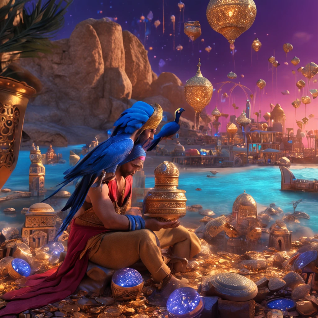 In magical scenes, Aladdin holds a glittering Twitter coin，, With gestures, Reveal the true value and potential of this digital revolution to the world