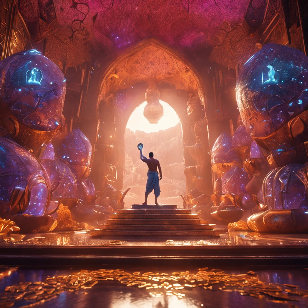 In magical scenes, Aladdin holds a glittering Twitter coin，, With gestures, Reveal the true value and potential of this digital revolution to the world