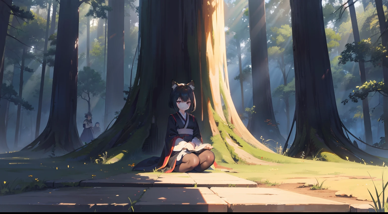 masutepiece, Fine detail, 4K, 8K, 12K, 独奏, Shadow of a person、The human、Big shadows, Black Shadow, Detailed background, forest, sunbeams