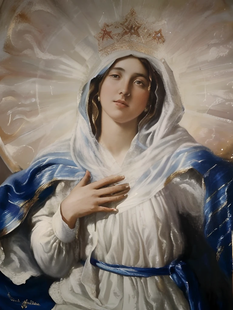 (((Saint Virgin Mary. 19 years old))) ((( Con una cara seria y piadosa. Con una mirada dulce y tierna))) (obra maestra, calidad superior, mejor calidad, arte oficial, beautiful and aesthetic: 1.2), (1girl), extremadamente detallado, (Arte fractal: 1.3), colorido, highest detailed, Cara perfecta, parte superior del cuerpo, HDR, (orando: 1.3), (golden lines of white coat: 1.2), galaxia, (rayas de luz), eye-catching visuals, (dynamic stripes, senderos luminosos: 1.2), colores vibrantes,