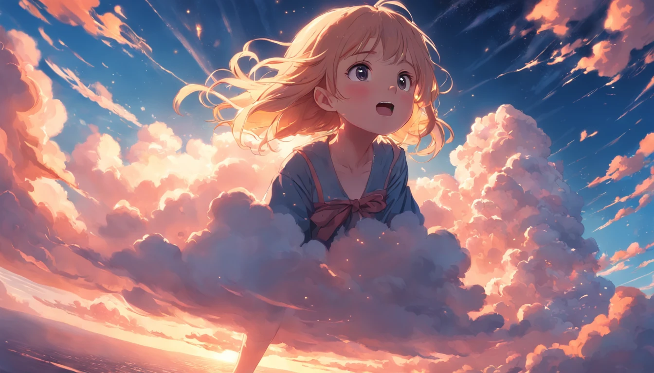 masterpiece, best quality, movie still, 1girl, cloud girl, floating in the sky, close-up, bright, happy, warm soft lighting, sunset, (sparks:0.7)