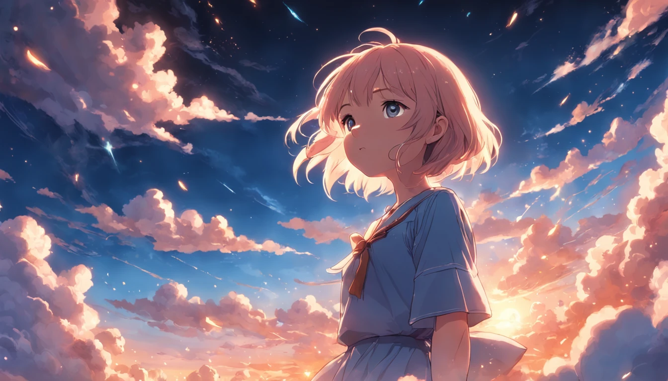 masterpiece, best quality, movie still, 1girl, cloud girl, floating in the sky, close-up, bright, happy, warm soft lighting, sunset, (sparks:0.7)