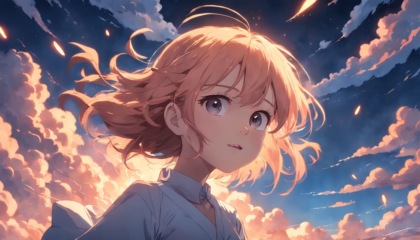 masterpiece, best quality, movie still, 1girl, cloud girl, floating in the sky, close-up, bright, happy, warm soft lighting, sunset, (sparks:0.7)