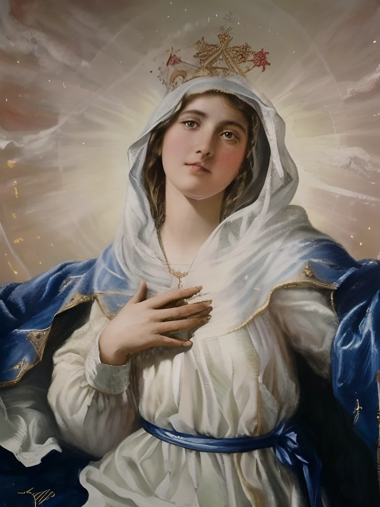 (((Saint Virgin Mary. 19 years old))) ((( Con una cara seria y piadosa. Con una mirada dulce y tierna))) (obra maestra, calidad superior, mejor calidad, arte oficial, beautiful and aesthetic: 1.2), (1girl), extremadamente detallado, (Arte fractal: 1.3), colorido, highest detailed, Cara perfecta, parte superior del cuerpo, HDR, (orando: 1.3), (golden lines of white coat: 1.2), galaxia, (rayas de luz), eye-catching visuals, (dynamic stripes, senderos luminosos: 1.2), colores vibrantes,