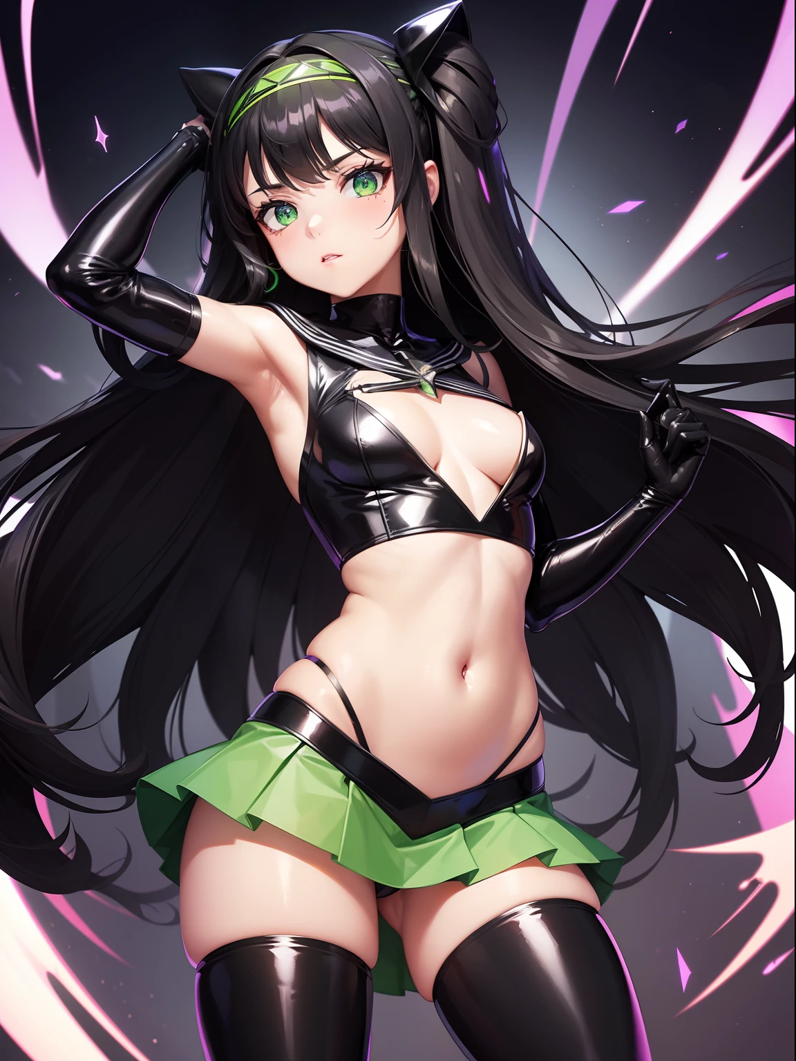 Masterpiece, high quality, female, villian, magical girl, black long curly hair, electronic headband, bright green eyes, villainous aura, latex skin tight sailor uniform, small breasts, exposed mid drift, belly button, short flowing skirt, black thigh high stockings