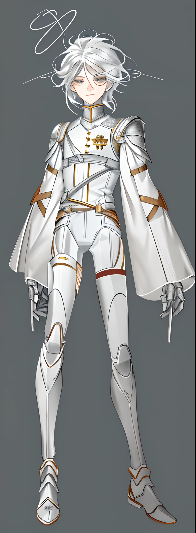 character  design，One dressed in white，red peach, glossy white armor, streamlined white armor, sleek white armor, clothing design, clear outfit design, full body concept, sleek streamlined white armor, detailed white armor, full body adoptable, new costume concept design, sleek bright white armor, modern clean white armor, matt white color armor，1 boy，Male，Young man，The right leg is a mechanical prosthesis，droid，white colored eyelashes，White eyes，White color hair，cable wires，electrical wires，thongs，Bondage belt