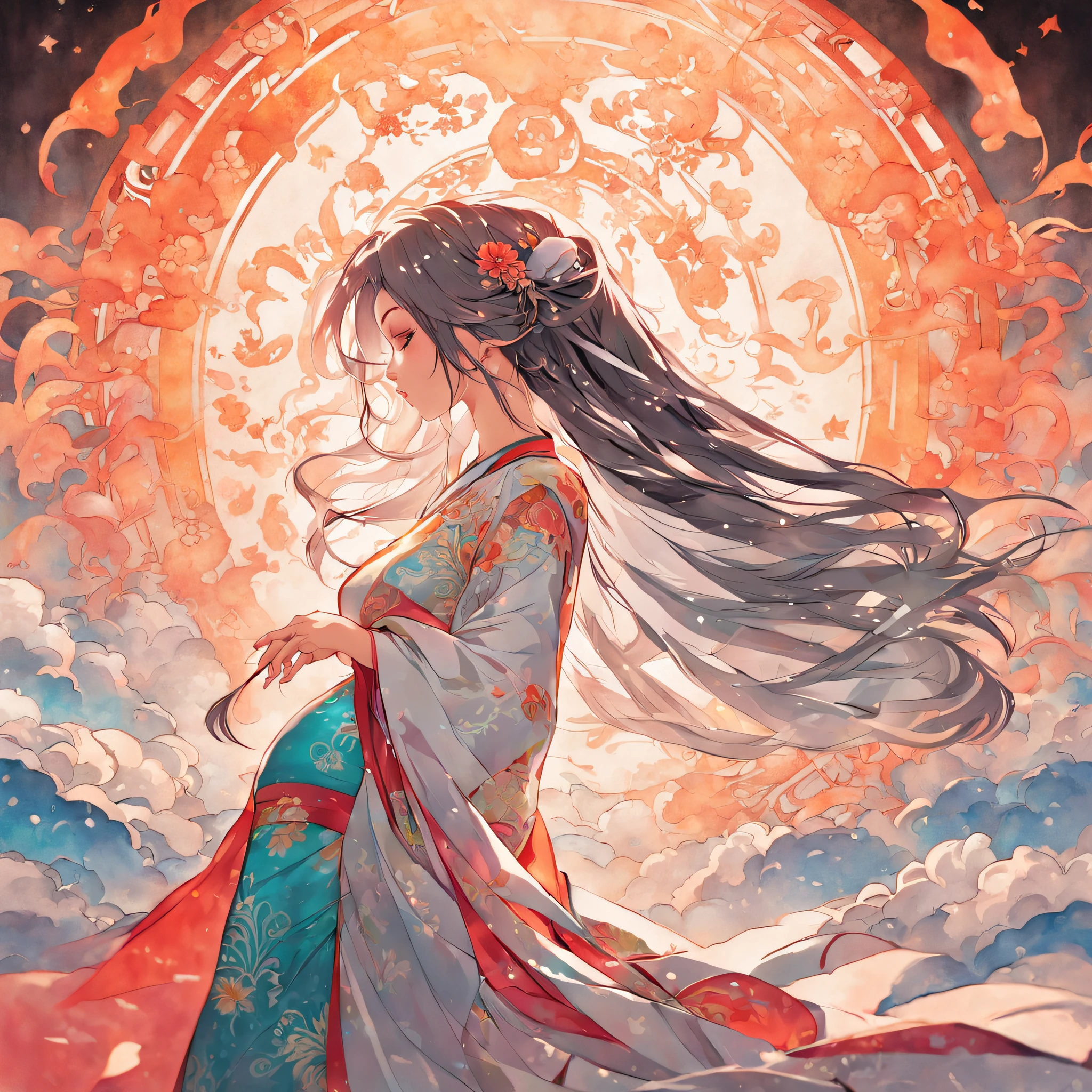 (White background:1.4),(Silhouette of a pregnant young woman, Eyes closed, colorfull long hair, Oriental elements),(Chinese illustration:1.3,paper art:1.3, Quilted paper art:1.2),( Highlight the big belly,reasonable design, Clear lines, High sharpness,Best quality, Very detailed, Masterpiece, movie light effect, 4K )