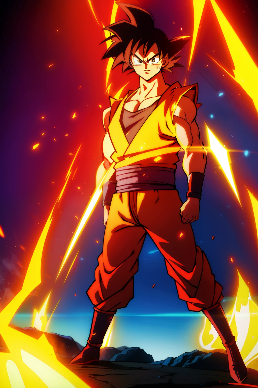 Goku de DBZ, standing, SSj2, Sparks, lightening, DBZ namek background, Wano Artstyle, One-piece aesthetics,