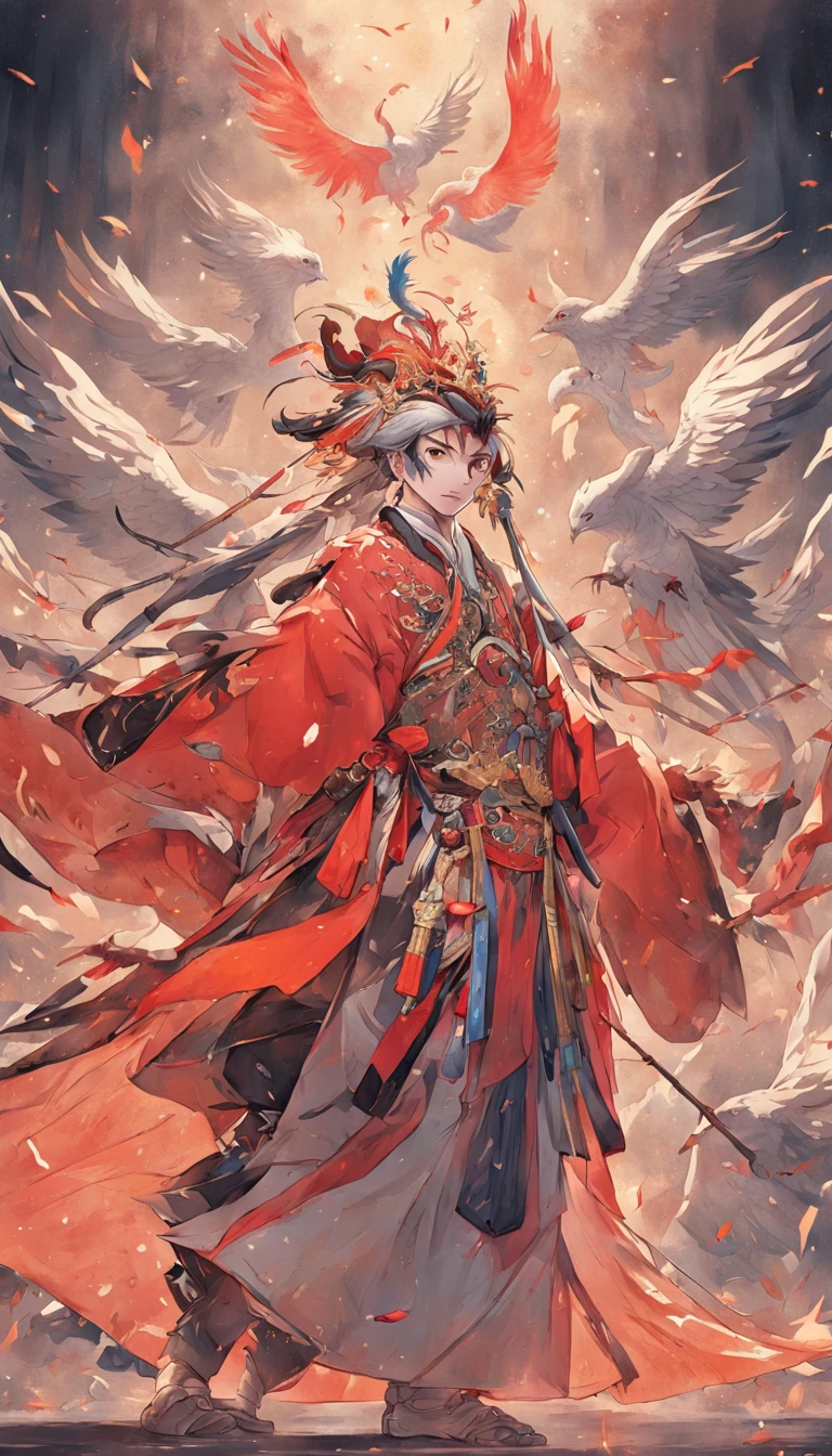masutepiece, Best Quality,((独奏)), youkai、Hanfu、chinese armor、erect through、Military general、a bird、Generals of the Ming Dynasty、fengxi、Birdman,Head_in the_birds、Two-legged bird、Bird's beak