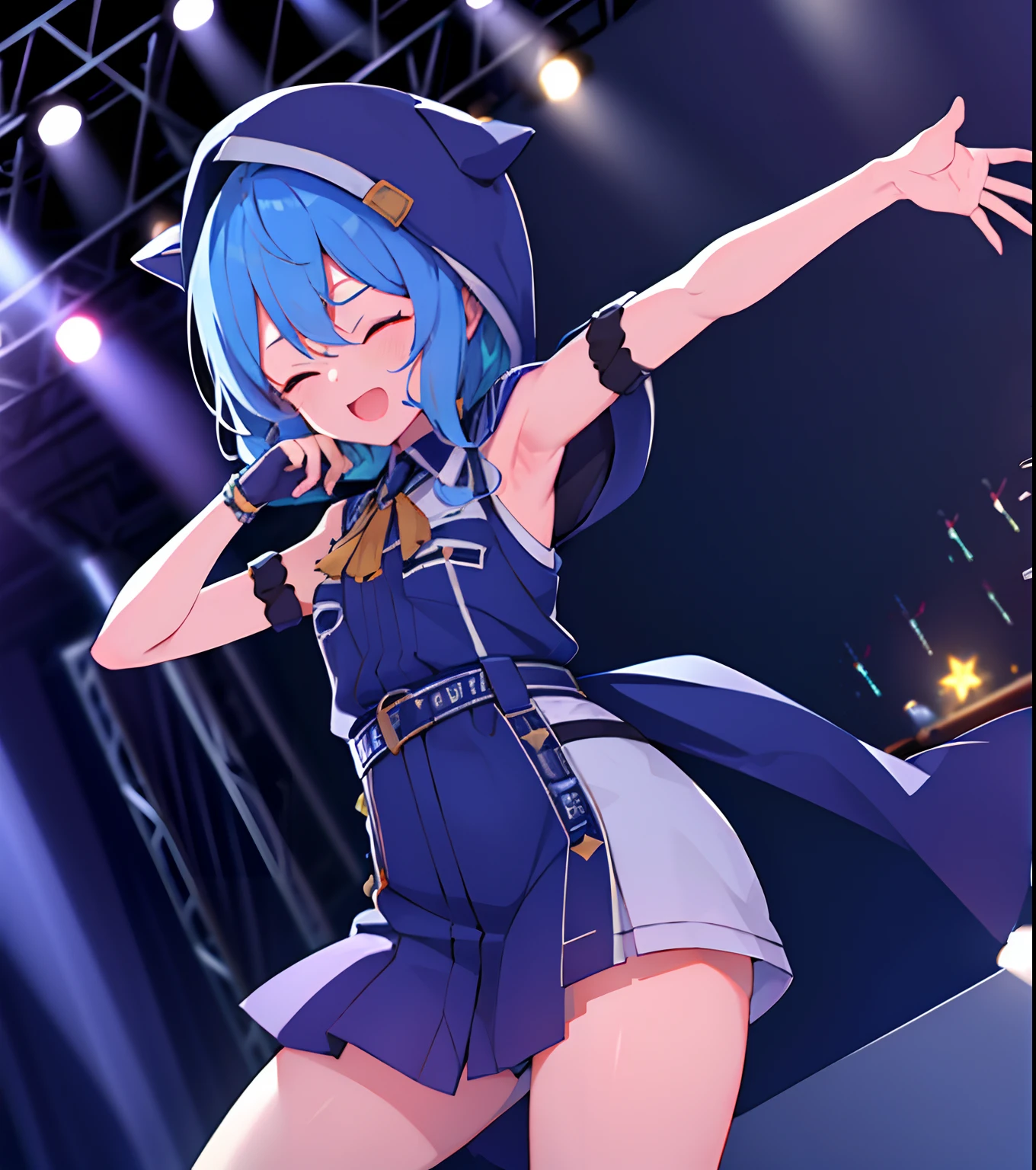 sui3, 1girl, hood up, hoshimachi suisei, presenting armpit, stage, cowboy shot, short hair, eyes closed