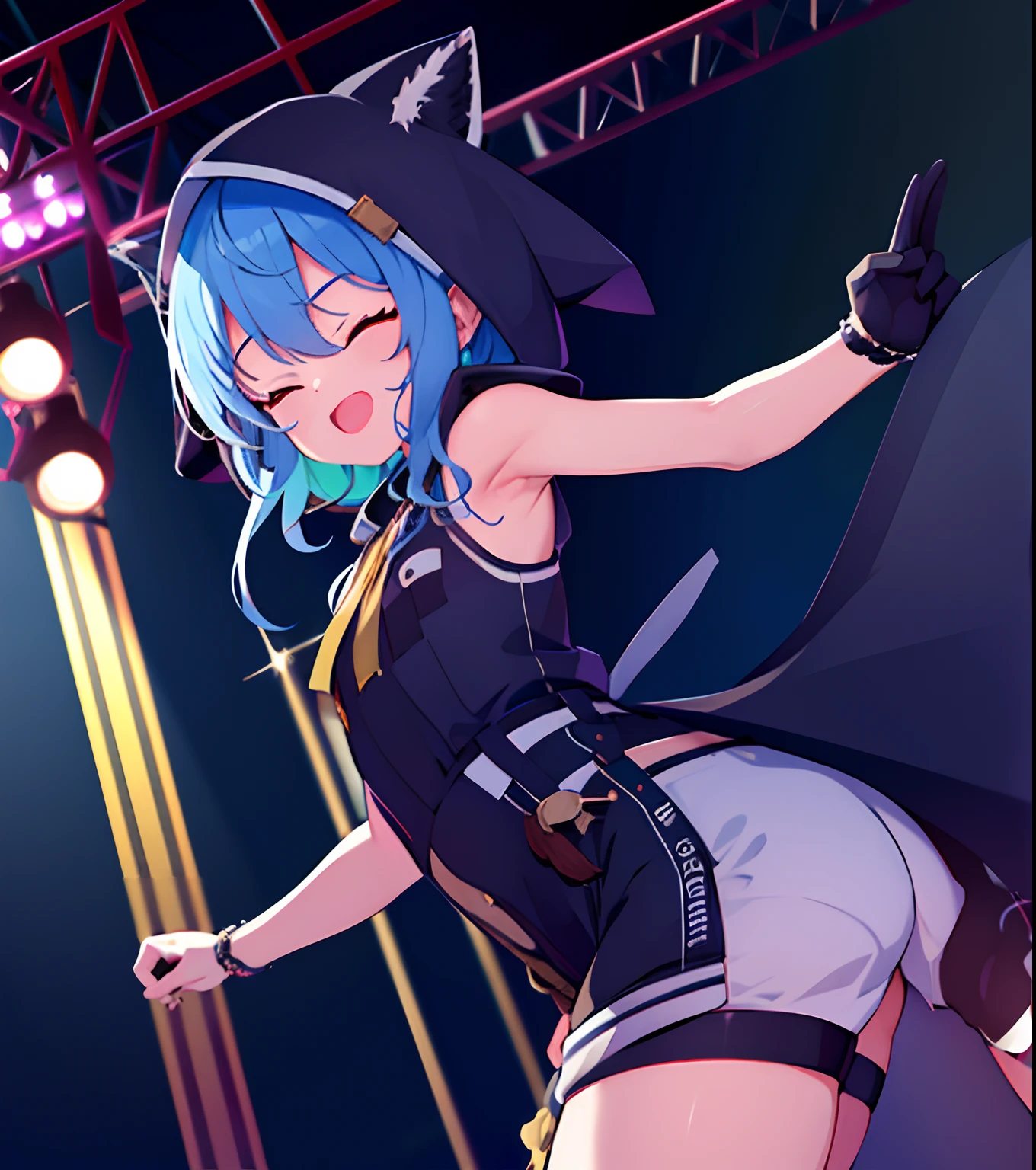 sui3, 1girl, hood up, hoshimachi suisei, presenting armpit, stage, cowboy shot, short hair, eyes closed