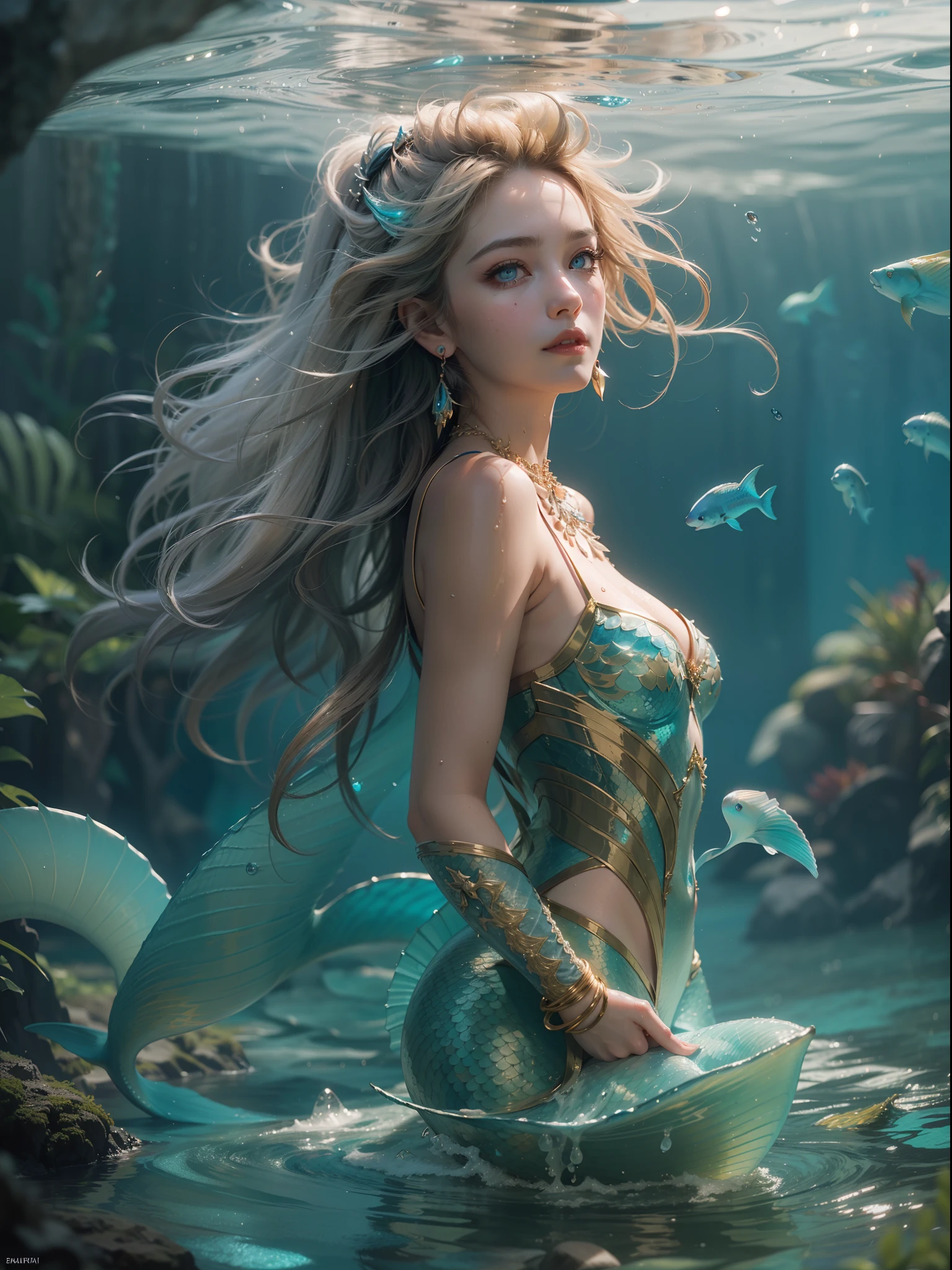 Best Best quality, masterpiece, ultra high res, raw photo, beautiful and aesthetic,deep shadow, dark theme,(photorealistic:1.4),
1girl, latex with frills, bodysuit, sleeping, coral, underwater, on seabeds, Headdress, hair ornament, full of coral and sea element, drill hair, long hair, blonde hair, gradient hair, yellow eyes, solo, huge breasts, big hair, blue hair, tiara, divine goddess, looking at viewer, underwater sea palace, Seafoam, Buble, shells, Fish, pearls, conch, ocean floor, astraea, full body, Fish ear, Mermaid,
