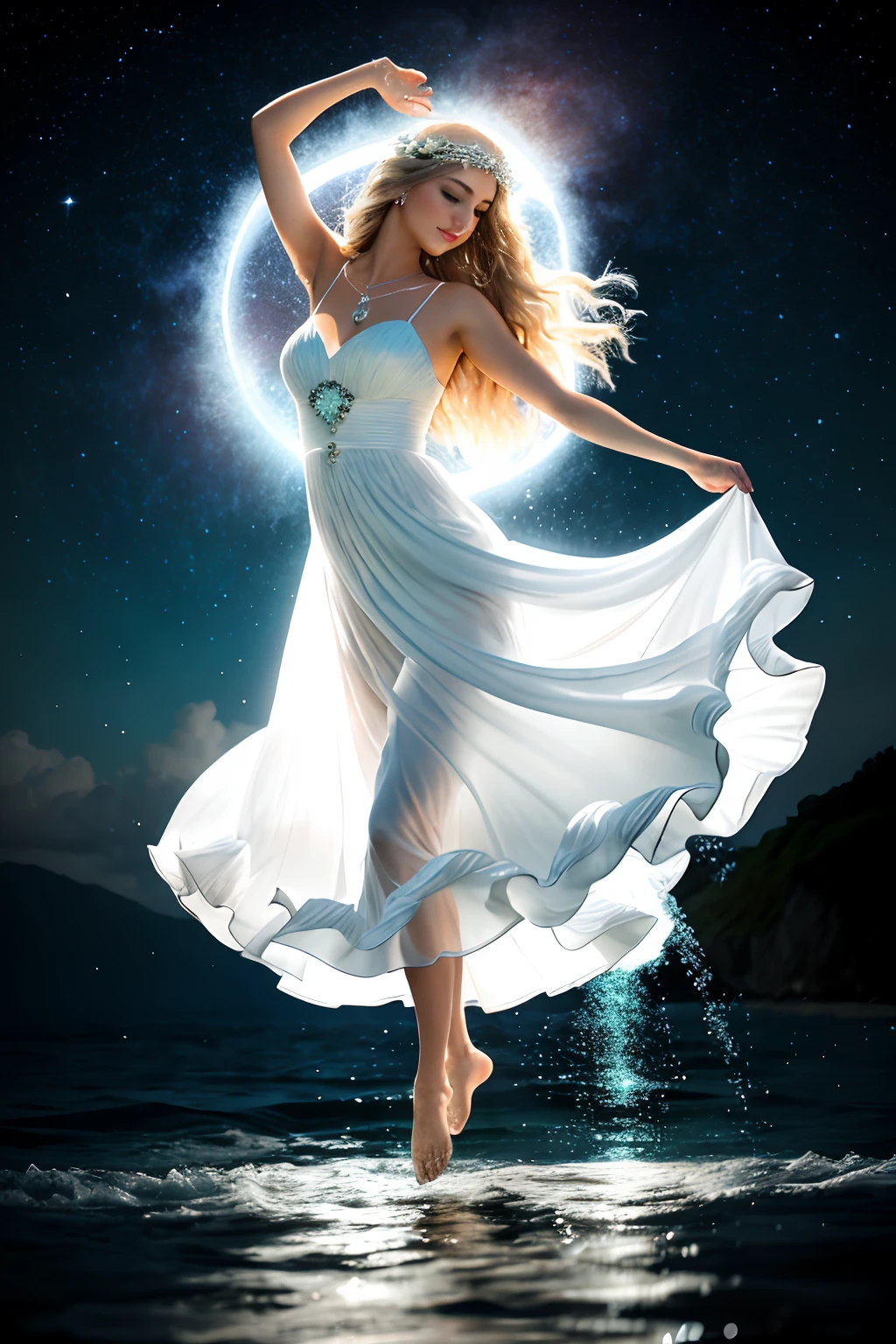 Beautiful woman as a goddess in white dress standing in sea water with flowing dress, realista, barefoot, Rosto iluminado, mystique, Como uma deusa, olhos iluminados, pale skinned, deusa, pegue a chave, de colar de diamante, Pearls in water, a noite, starly sky, sky with galaxy, lua cheia no fundo, Como uma deusa, walking on water, mulher iluminada, blue water, wearing a white flowing dress, white flowing dress, she is floating in the air, flowing white robes, tiptoes, Flowing dress, lindo vestido branco longo longo, Wearing a flowing dress, flutuando no ar, vestido branco longo, Pose flutuante elegante, cabelo flutuando ao vento, Girl in white dress dancing, mistic, Magic, realista, chocante, Escuro, Dramatic, Espiritual, mystery, deusa