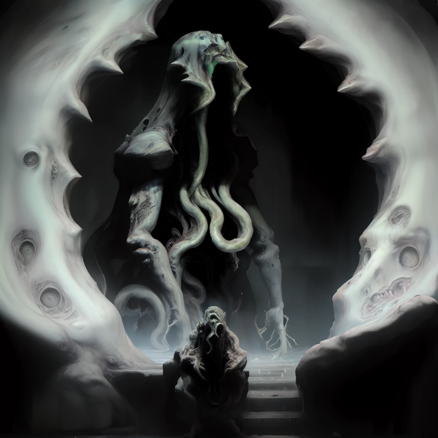 Monstro Lovecraft, criatura sombria que habita o abismo, chifres, tentacles, Eternal Darkness, cosmic entity, ser assustador, Inferno, talassofobia, profundo