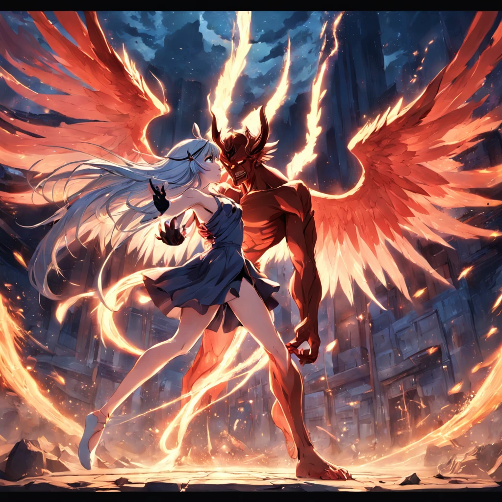 an beautiful angel fighting a demon