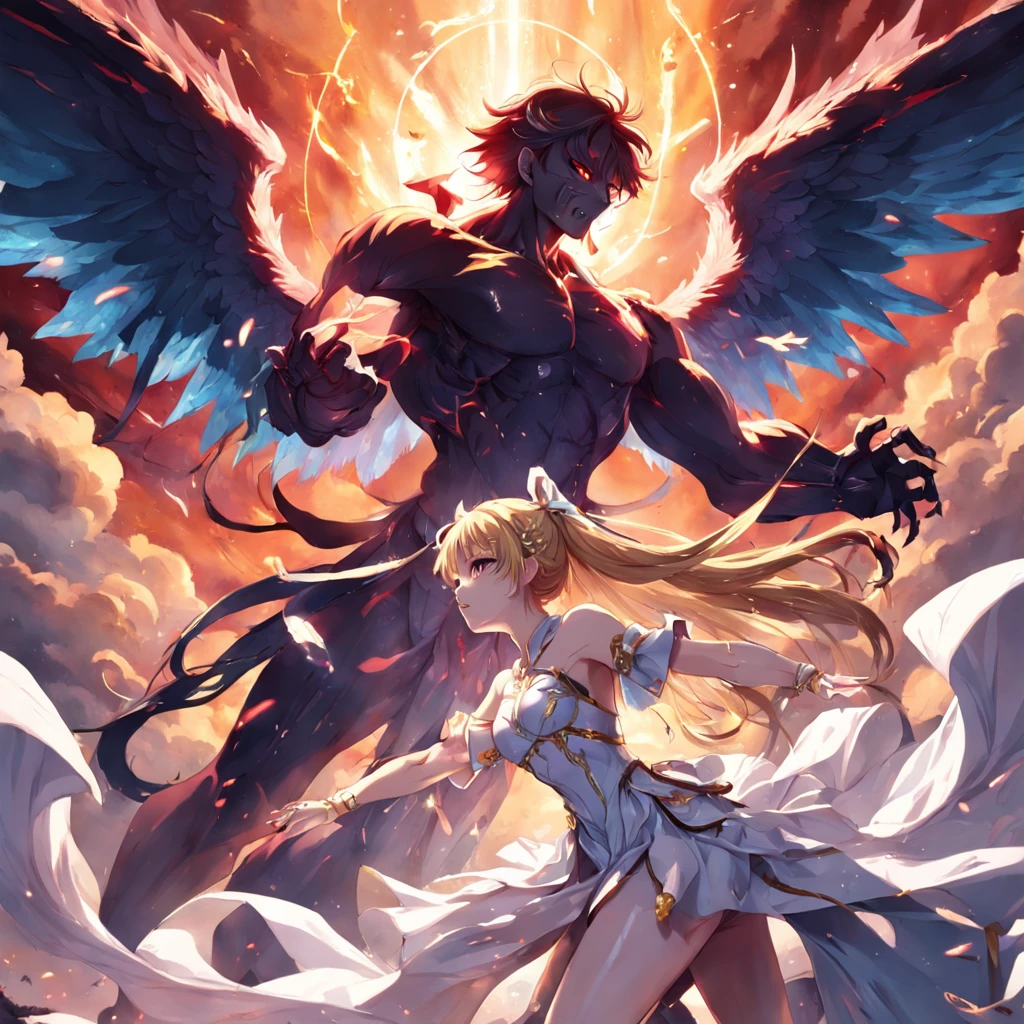 an beautiful angel fighting a demon