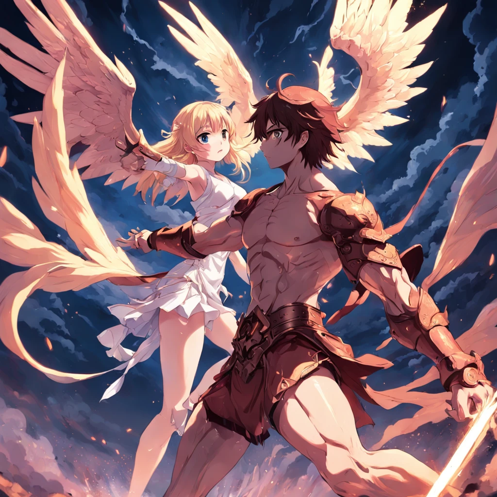 an beautiful angel fighting a demon