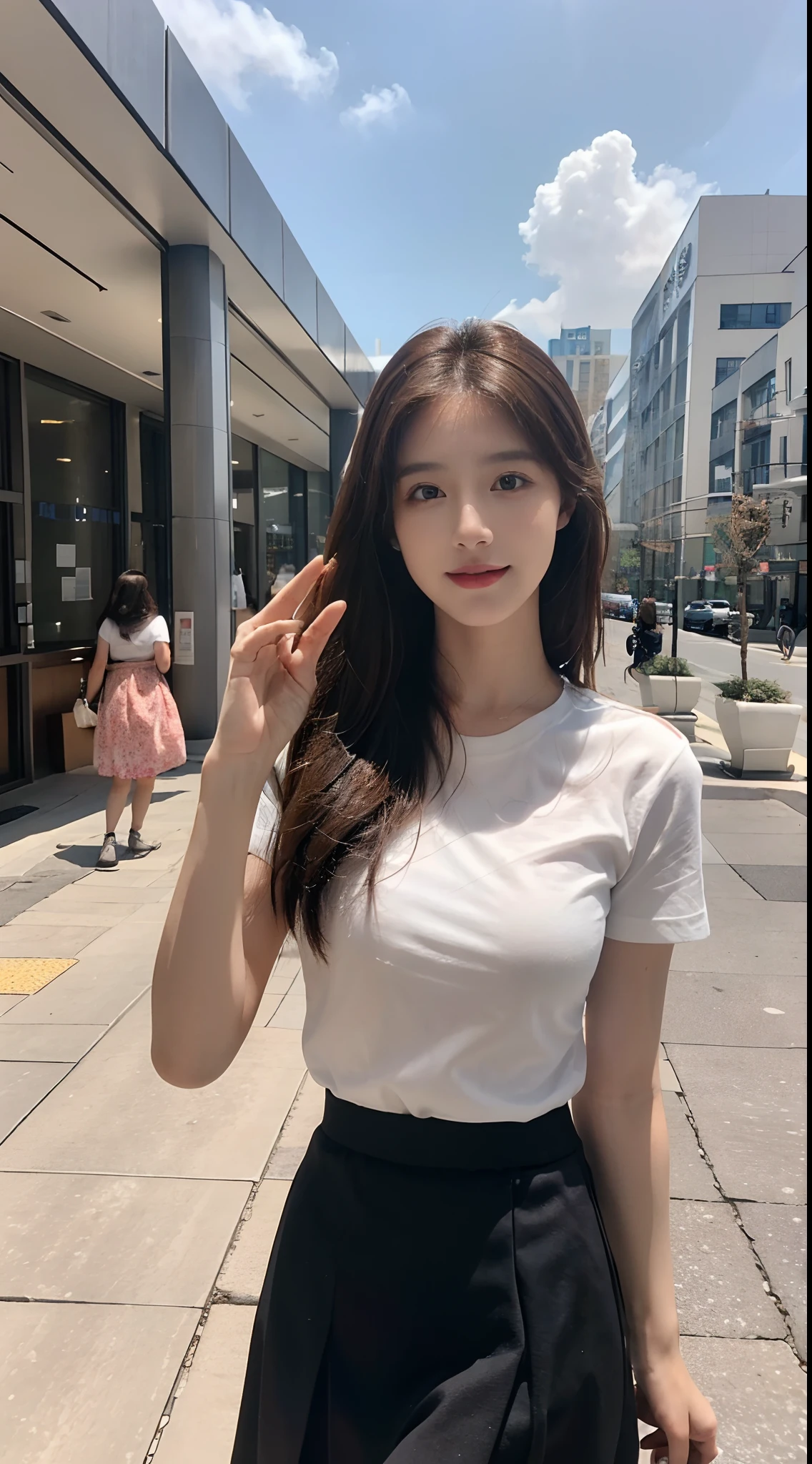 (1 Korean star with royal sister style), ((Best quality, 8K, 巨作: 1.3)), focal point: 1.2, Perfect body proportions: 1.4, (Make a smile), (Sunset: 1.3), Watery eyes, Highly Detailed Face and Skin Textur, Fine eyes, Double eyelids, Whitens the skin, (long whitr hair, Air bangs: 1.3), (Round face inches: 1.5), (Wear a pleated skirt1.4), (Sketch 1:2,) (grassy fields,suns,clouds,Tano,farms,starlights,footpath)