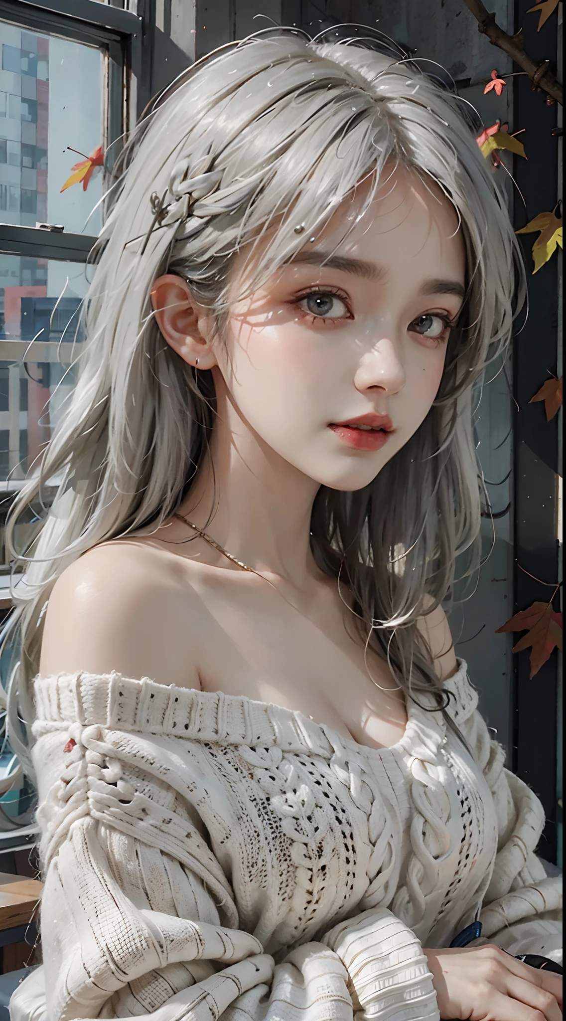 mid-shot, a beautiful woman looking into camera, white hair, off shoulder sweater by Chris Foss autumn lights, long hair
