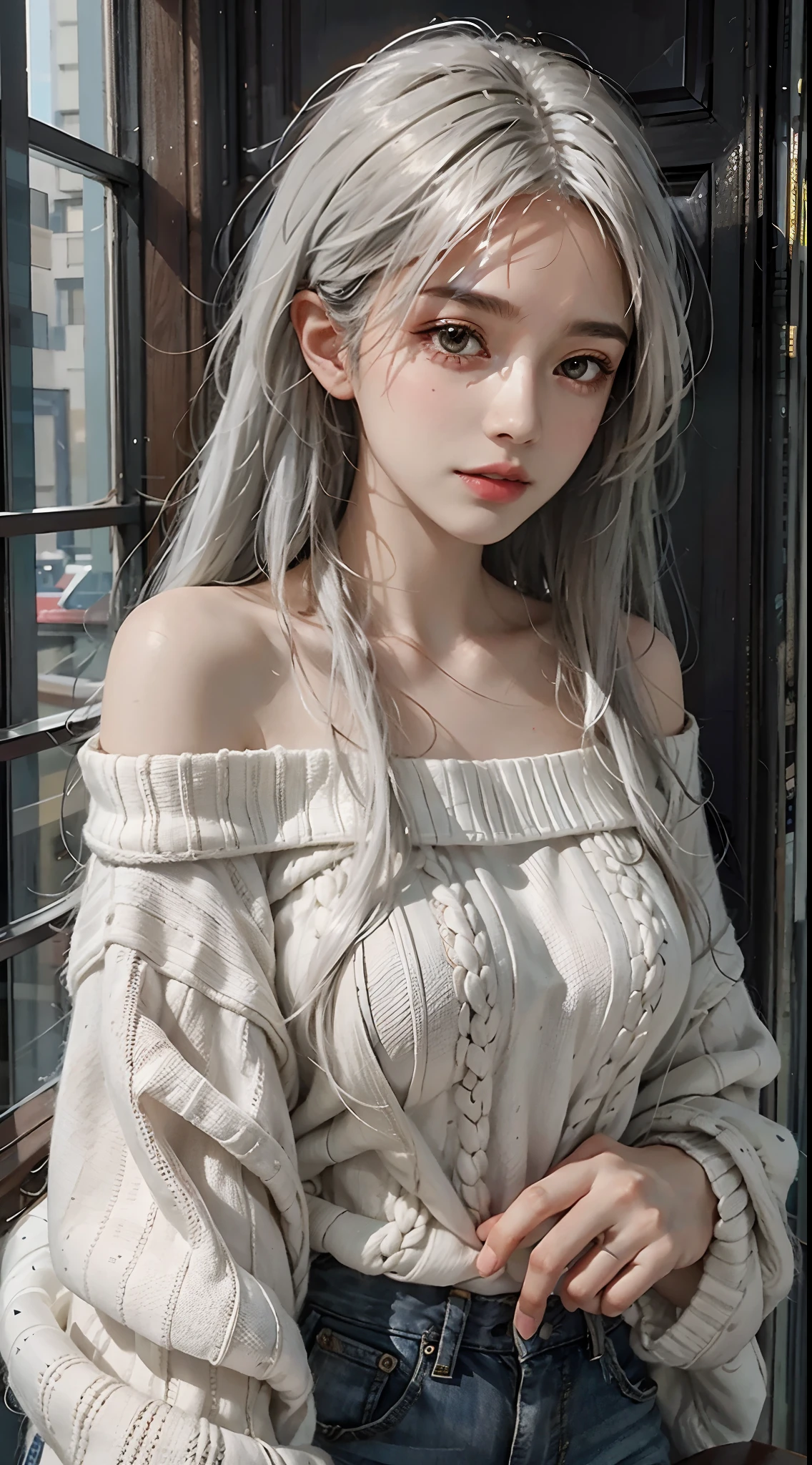 mid-shot, a beautiful woman looking into camera, white hair, off shoulder sweater by Chris Foss autumn lights, long hair