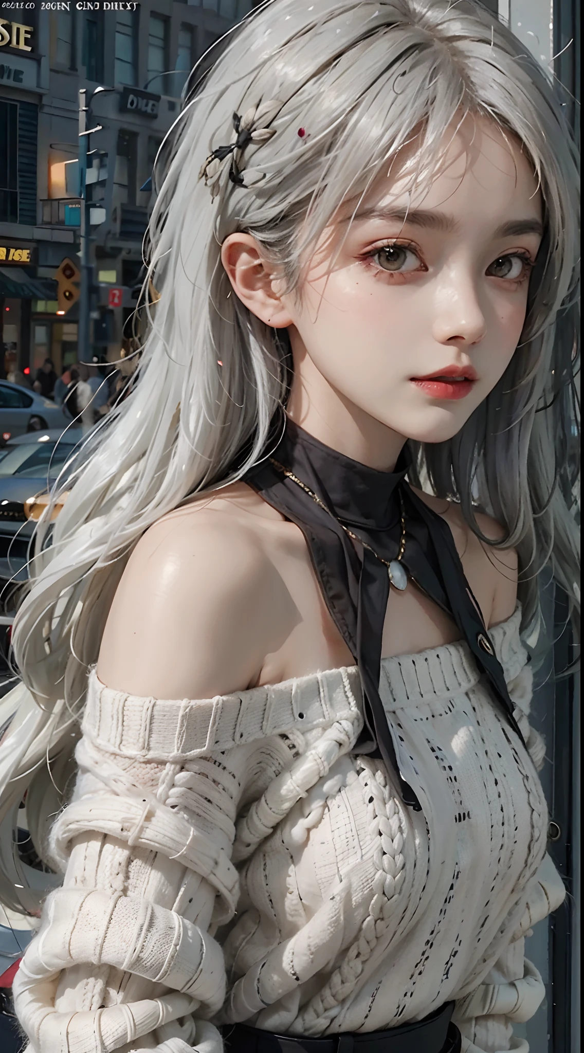 mid-shot, a beautiful woman looking into camera, white hair, off shoulder sweater by Chris Foss autumn lights, long hair