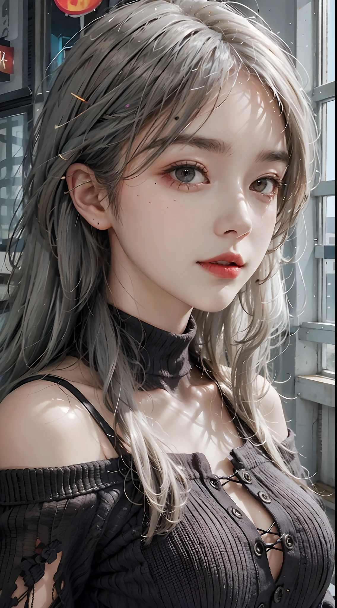 mid-shot, a beautiful woman looking into camera, white hair, off shoulder sweater by Chris Foss autumn lights, long hair