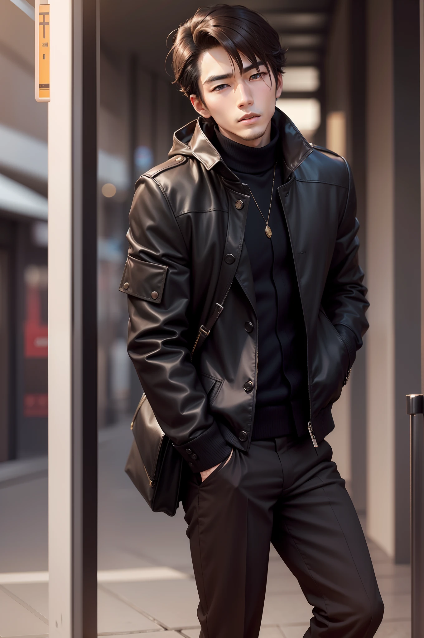 Business style portrait of Japan male idol at 20 years old、For autumn-winter。H&M Black Turtleneck、Gap Tailored Pants、Wearing brown Clarks desert boots。Matched with a classic Citizen watch。The face is mature and、Reflects stylish and contemporary looks。Hairstyle with a sleek pompadour、Matte finish、Deep brown hair color。This style is sophisticated、well maintained and、Reflects his mature and stylish personality。The face conveys a sense of maturity and a modern, sophisticated look。