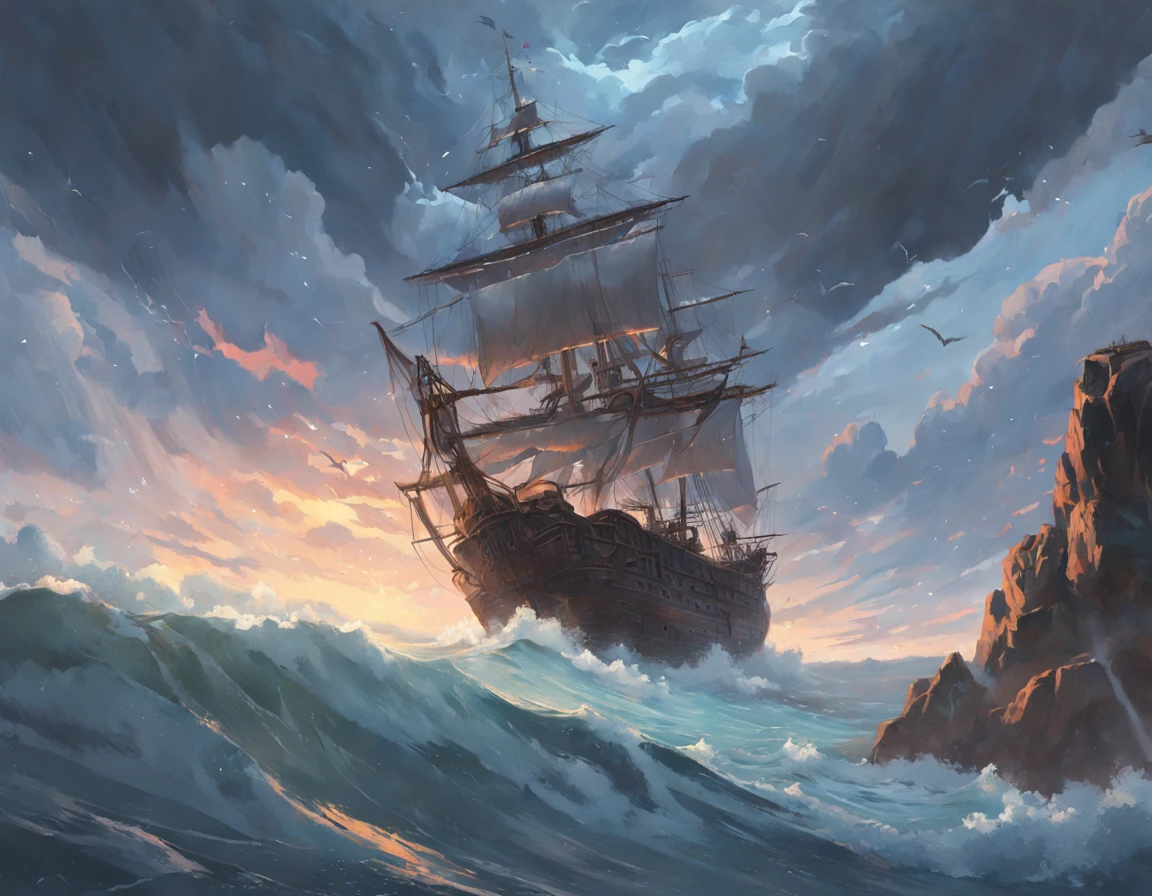 Um navio pirata em uma tempestade tempestuosa com nuvens escuras, Grandes ondas inundaram a estrada, Detailed oil painting, A chama queima, Unreal rendering 5, RHADS, Sargent e Ryan Decker, Savlasov Levitan Polenov, Por Bruce Pennington, por Ghibli studio, Tim Hildebrandt, arte digital, pintura de paisagem, rendering by octane, beautiful composition, trending on artstationh, uma fotografia premiada, master part, Busque estilo, (dreamlike art:1.2). Estilo MDJRNY-V4