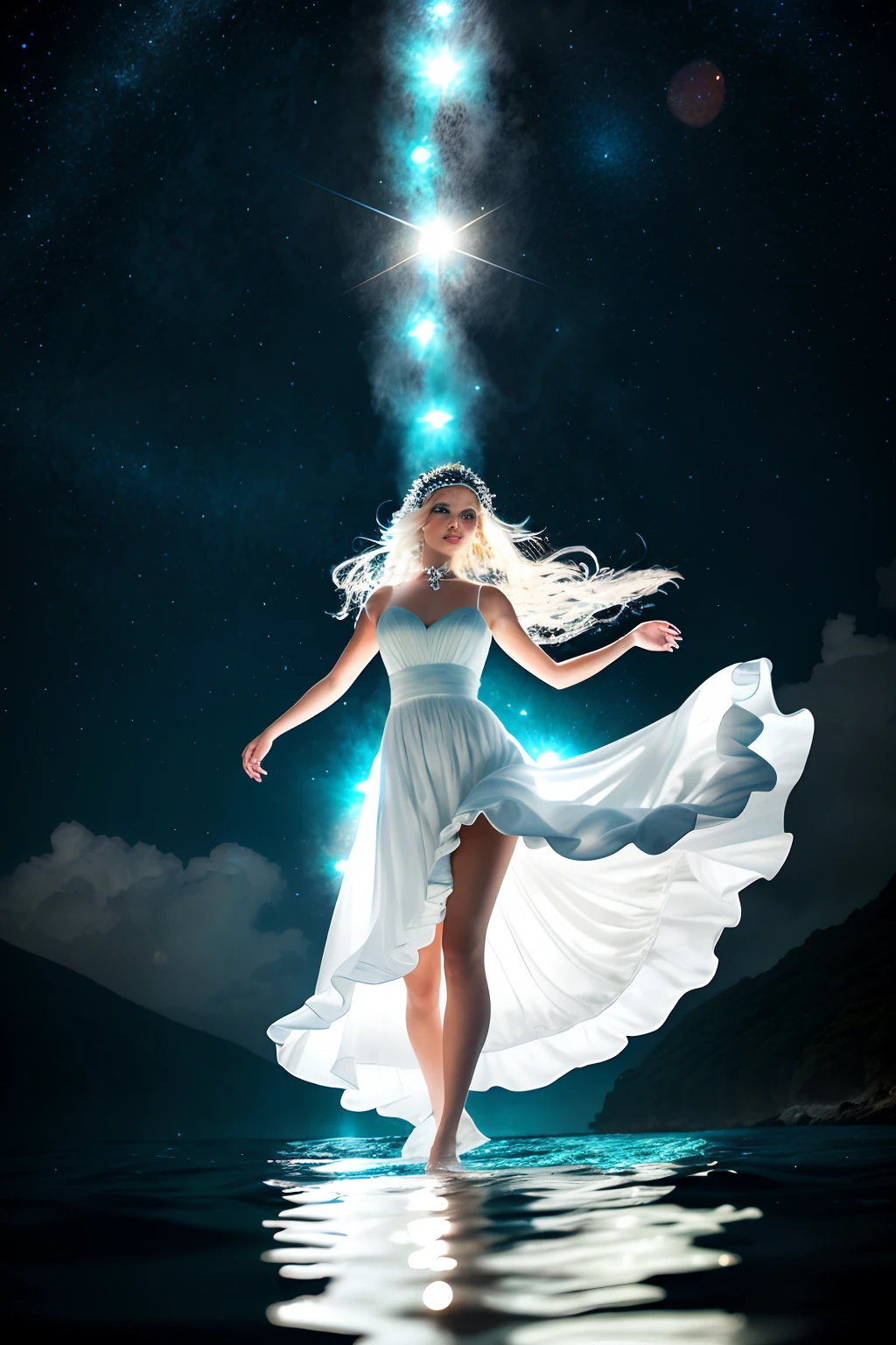 Beautiful woman as a goddess in white dress standing in sea water with flowing dress, realista, barefoot, Rosto iluminado, mystique, Como uma deusa, olhos iluminados, pale skinned, deusa, pegue a chave, de colar de diamante, Pearls in water, a noite, starly sky, sky with galaxy, lua cheia no fundo, Como uma deusa, walking on water, mulher iluminada, blue water, wearing a white flowing dress, white flowing dress, she is floating in the air, flowing white robes, tiptoes, Flowing dress, lindo vestido branco longo longo, Wearing a flowing dress, flutuando no ar, vestido branco longo, Pose flutuante elegante, cabelo flutuando ao vento, Girl in white dress dancing, mistic, Magic, realista, chocante, Escuro, Dramatic, Espiritual, mystery, deusa